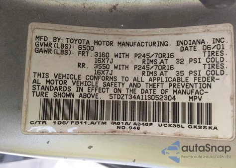 2001 Toyota Sequoia Sr5 V8 из США, поврежденный, VIN 5TDZT34A11S052304